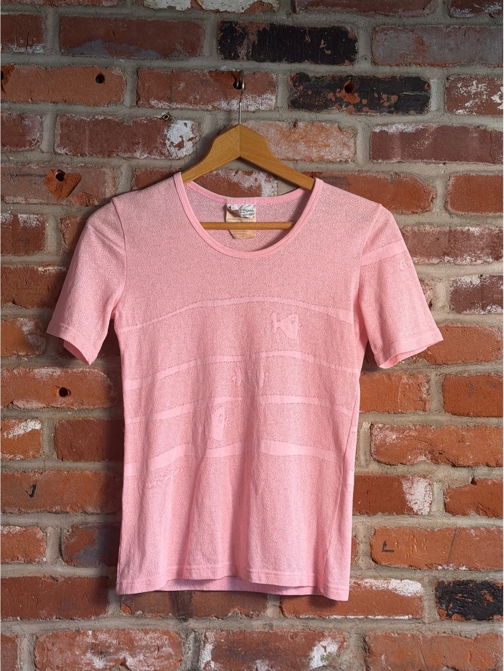 Courreges Paris Pink Short Sleeve Knit Top with Subtle Fish Pattern